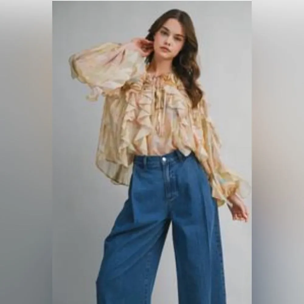 MARBLE Cream and Tan Ruffled Blouse Long sleeve Boho NWT